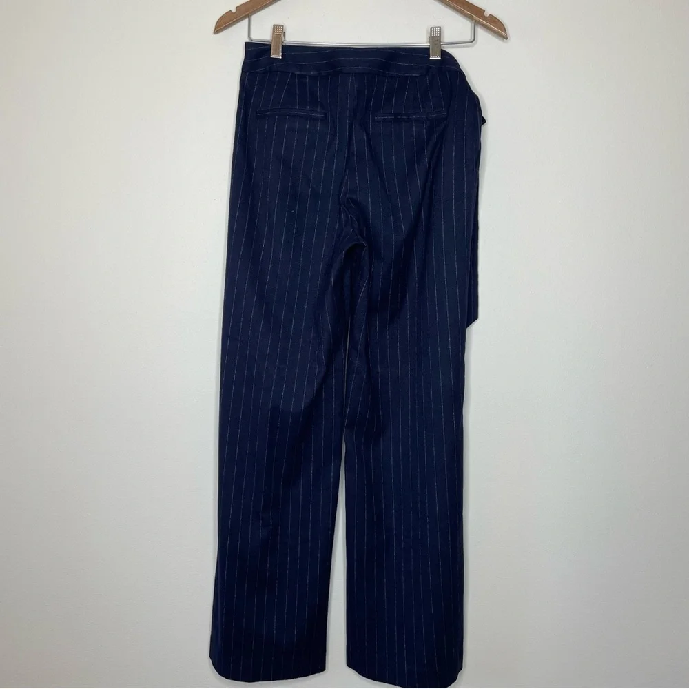 Halogen Navy Pinstriped Wide Leg Trousers with Attached Belt